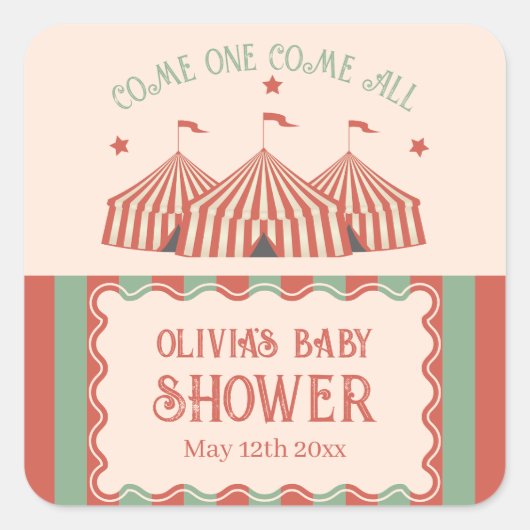 レトロヴィンテージカーニバルサーカス赤ちゃんシャワー スクエアシール (正面)