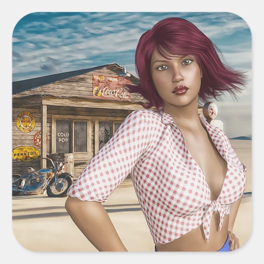 レトロヴィンテージガール放棄ガソリンスタンドのステッカー スクエアシール (正面)