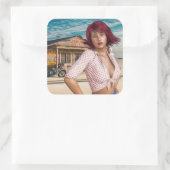 レトロヴィンテージガール放棄ガソリンスタンドのステッカー スクエアシール (バッグ)