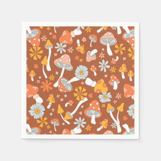 レトロヴィンテージキノコ花模様 スタンダードカクテルナプキン (正面)