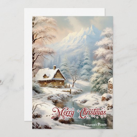 レトロヴィンテージクラシック居心地の良い冬山のシーン シーズンカード (正面/裏面)