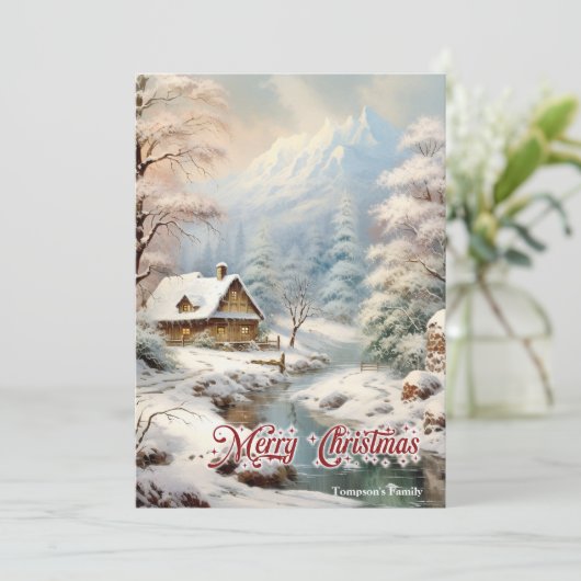 レトロヴィンテージクラシック居心地の良い冬山のシーン シーズンカード (スタンド正面)