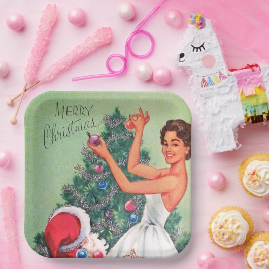 レトロヴィンテージクリスマスウーマンサンタパーティープレート ペーパープレート (パーティー)
