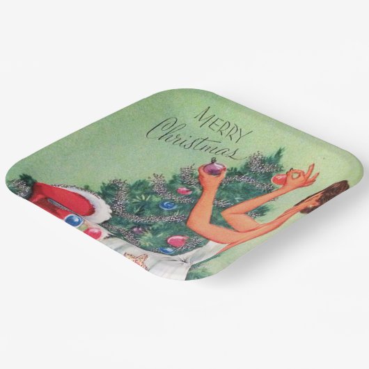 レトロヴィンテージクリスマスウーマンサンタパーティープレート ペーパープレート (傾斜あり)