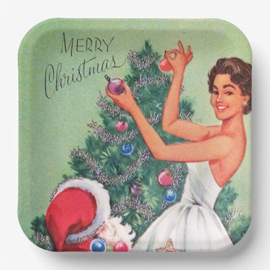 レトロヴィンテージクリスマスウーマンサンタパーティープレート ペーパープレート (正面)