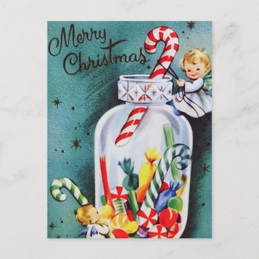 レトロヴィンテージクリスマスエンジェルとキャンディポストカード シーズンポストカード (正面)