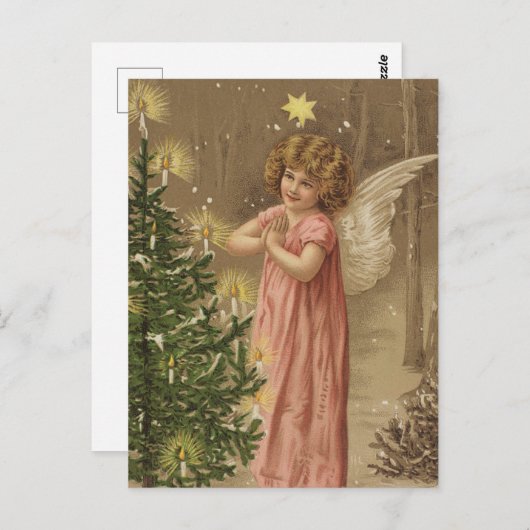 レトロヴィンテージクリスマスエンジェルクリスマスツリー ポストカード (正面/裏面)