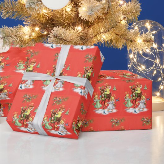 レトロヴィンテージクリスマスエンジェルズトインデア ラッピングペーパー (クリスマス)