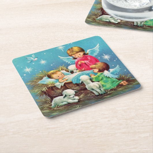 レトロヴィンテージクリスマスエンジェルズホリデイ スクエアペーパーコースター (アングル)