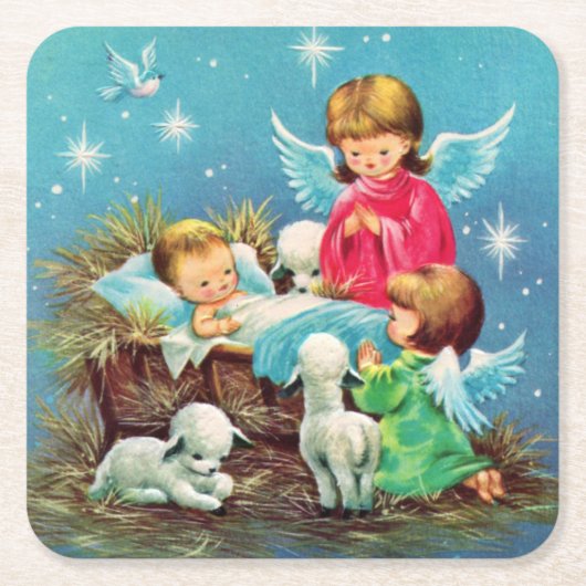 レトロヴィンテージクリスマスエンジェルズホリデイ スクエアペーパーコースター (正面)