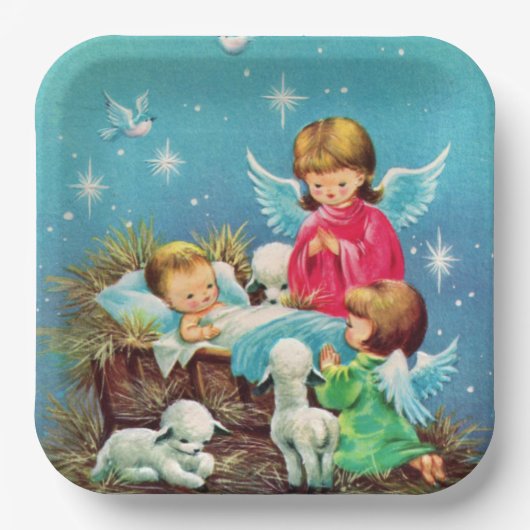 レトロヴィンテージクリスマスエンジェルズホリデイ ペーパープレート (正面)