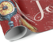 レトロヴィンテージクリスマスオーナメントオンレッド ラッピングペーパー (ロールコーナー)