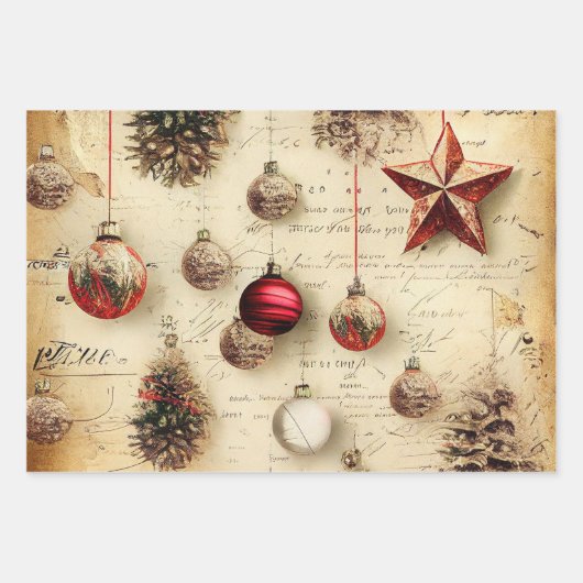 レトロヴィンテージクリスマスオーナメントパインコーン ラッピングペーパーシート (正面2)