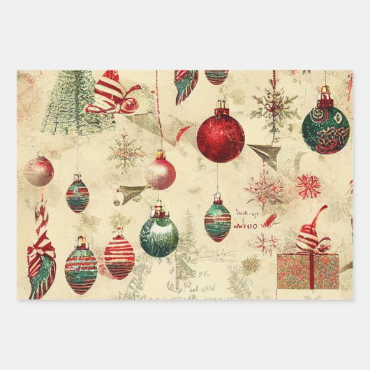 レトロヴィンテージクリスマスオーナメントパインコーン ラッピングペーパーシート (正面)