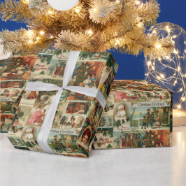 レトロヴィンテージクリスマスカードコラージュ ラッピングペーパー