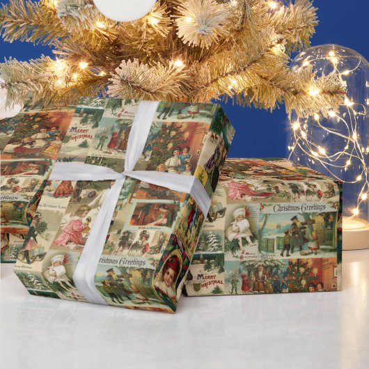 レトロヴィンテージクリスマスカードコラージュ ラッピングペーパー (クリスマス)