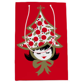 レトロヴィンテージクリスマスガールとツリーハット ミディアムペーパーバッグ