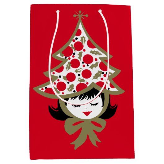 レトロヴィンテージクリスマスガールとツリーハット ミディアムペーパーバッグ (正面)
