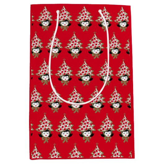 レトロヴィンテージクリスマスガールとツリーハット ミディアムペーパーバッグ (正面)