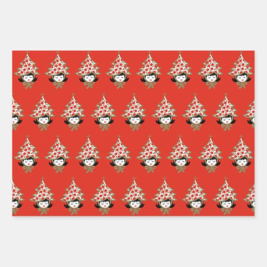 レトロヴィンテージクリスマスガールとツリーハット ラッピングペーパーシート (正面3)