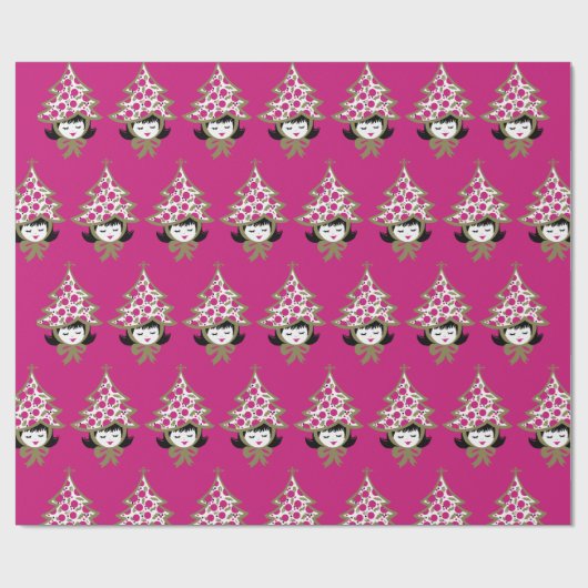 レトロヴィンテージクリスマスガールとツリーハット ラッピングペーパー (フラット)
