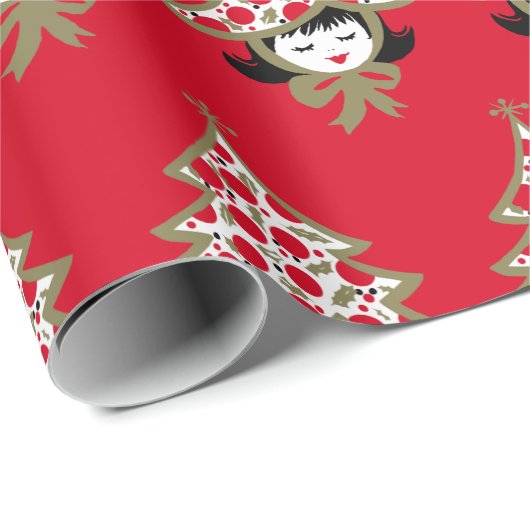 レトロヴィンテージクリスマスガールとツリーハット ラッピングペーパー (ロールコーナー)