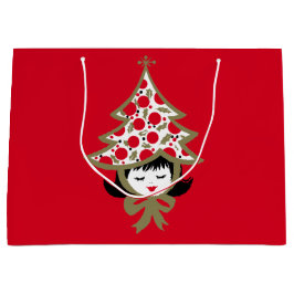 レトロヴィンテージクリスマスガールとツリーハット ラージペーパーバッグ