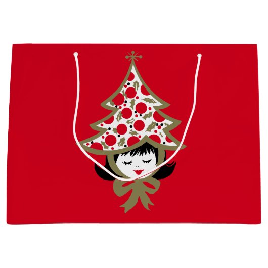 レトロヴィンテージクリスマスガールとツリーハット ラージペーパーバッグ (正面)