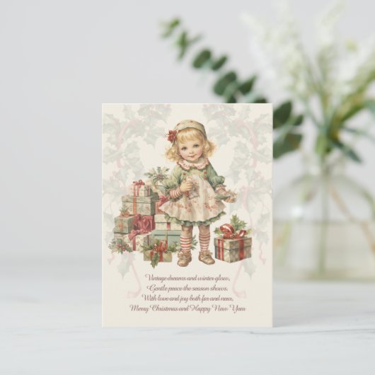 レトロヴィンテージクリスマスガールギフトグリーティングカード ポストカード (スタンド正面)