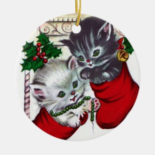 レトロヴィンテージクリスマスキャッツツリーオーナメント セラミックオーナメント (正面)