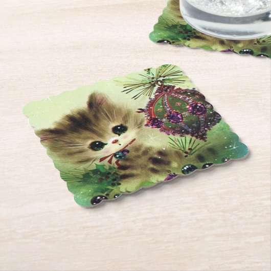 レトロヴィンテージクリスマスキャットパーティーコースター ペーパーコースター (アングル)