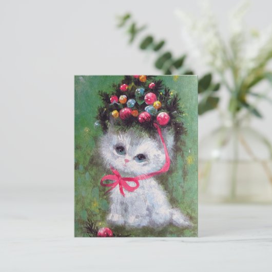 レトロヴィンテージクリスマスキャットホリディポストカード シーズンポストカード (スタンド正面)