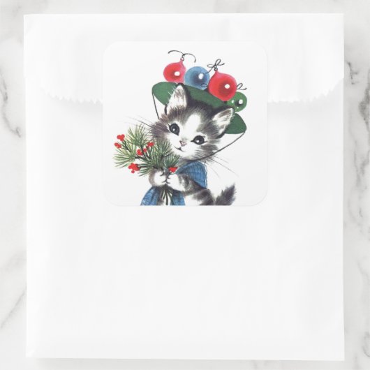 レトロヴィンテージクリスマスキャットホリデーステッカー スクエアシール (バッグ)