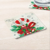 レトロヴィンテージクリスマスキャンディーケーンホリデー スクエアペーパーコースター (アングル)