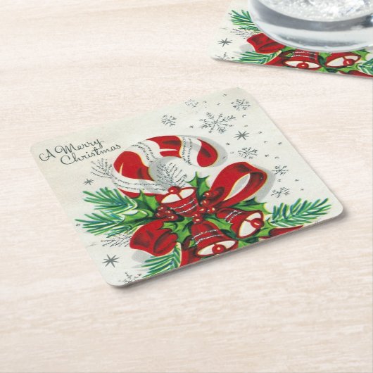レトロヴィンテージクリスマスキャンディーケーンホリデー スクエアペーパーコースター (アングル)