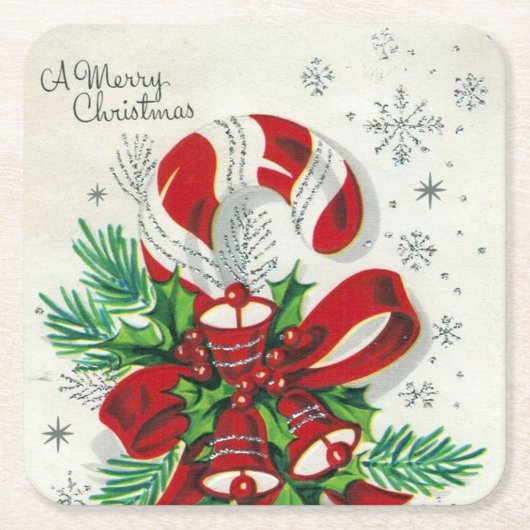 レトロヴィンテージクリスマスキャンディーケーンホリデー スクエアペーパーコースター (正面)