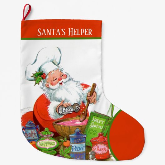 レトロヴィンテージクリスマスサンタのヘルパー ラージクリスマスストッキング (正面)