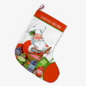 レトロヴィンテージクリスマスサンタのヘルパー ラージクリスマスストッキング (正面 (吊り時))
