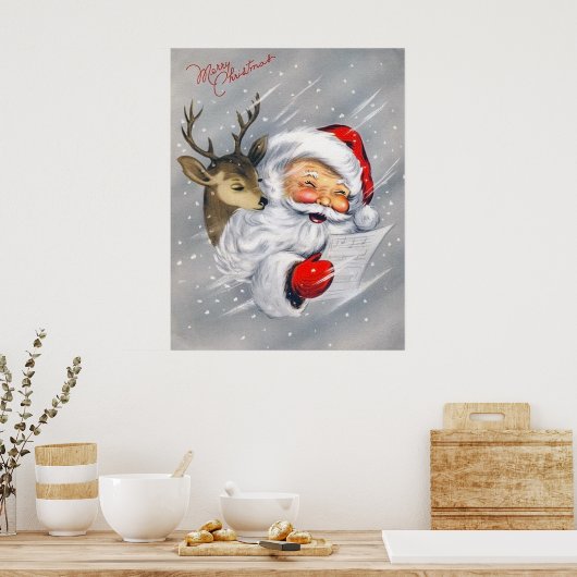 レトロヴィンテージクリスマスサンタトナカイのポスター ポスター (キッチン)
