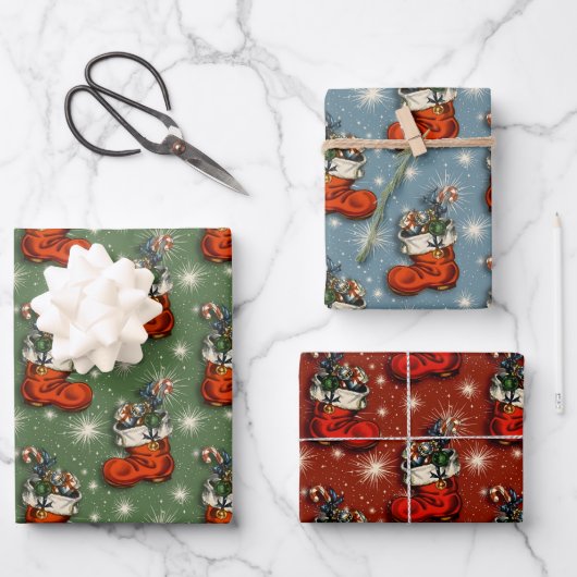 レトロヴィンテージクリスマスサンタブーツ ラッピングペーパーシート (正面)