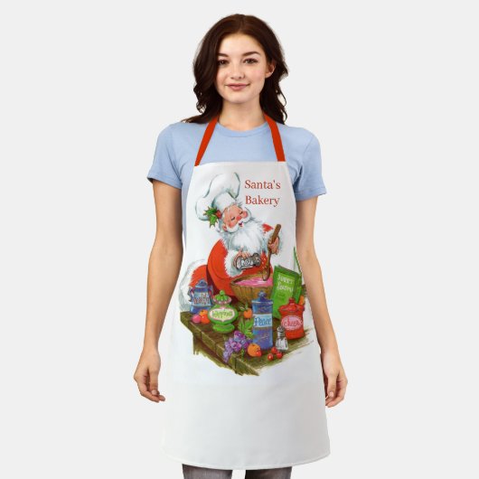 レトロヴィンテージクリスマスサンタホリデイ エプロン (着用した状態)