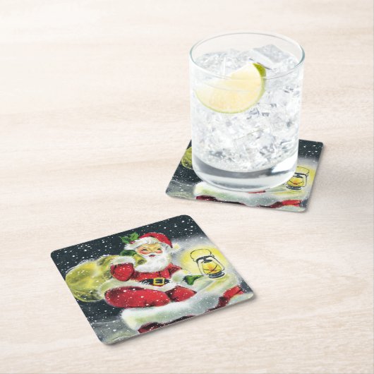 レトロヴィンテージクリスマスサンタホリデーパーティー スクエアペーパーコースター (インサイチュ)