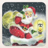 レトロヴィンテージクリスマスサンタホリデーパーティー スクエアペーパーコースター (正面)