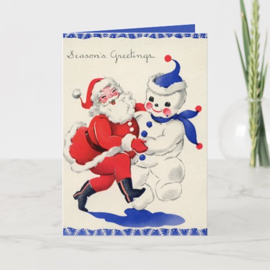 レトロヴィンテージクリスマスサンタ雪だるまホリデイ シーズンカード (正面)