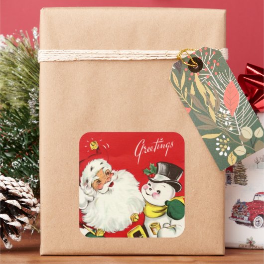 レトロヴィンテージクリスマスサンタ雪だるまホリデイ スクエアシール (クリスマス)