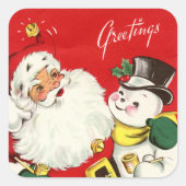 レトロヴィンテージクリスマスサンタ雪だるまホリデイ スクエアシール (正面)