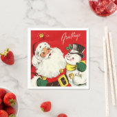 レトロヴィンテージクリスマスサンタ雪だるまホリデイ スタンダードカクテルナプキン (インサイチュ)