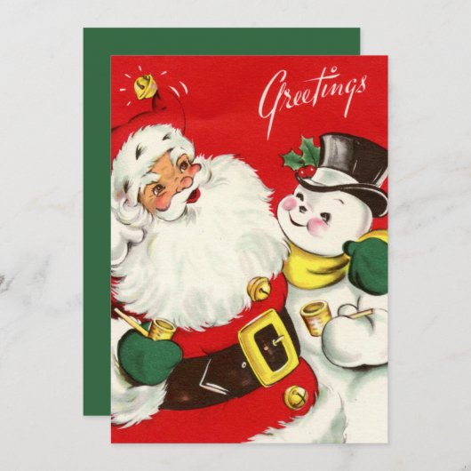 レトロヴィンテージクリスマスサンタ雪だるま気持ち シーズンカード (正面/裏面)