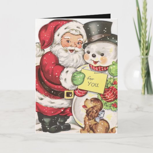 レトロヴィンテージクリスマスサンタ雪だるま気持ち シーズンカード (正面)