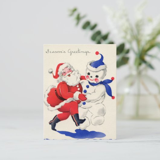 レトロヴィンテージクリスマスサンタ雪だるま シーズンポストカード (スタンド正面)